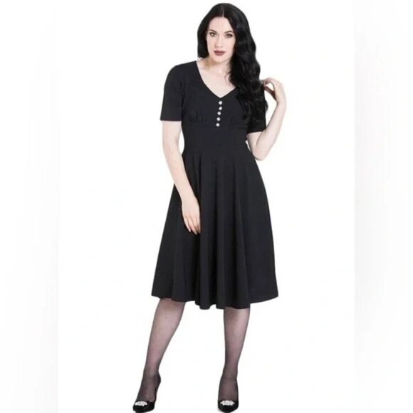 Hell Bunny Mila black 40's vintage swing dress with rhinestones size M - Picture 1 of 10